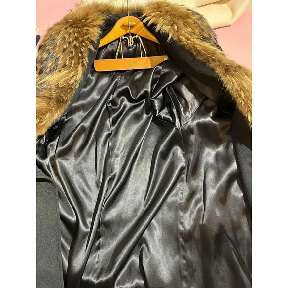 Vintage Gemini Black Full Length Wool Coat Finncoon Raccoon Fur Button Up Collar - Picture 5 of 10